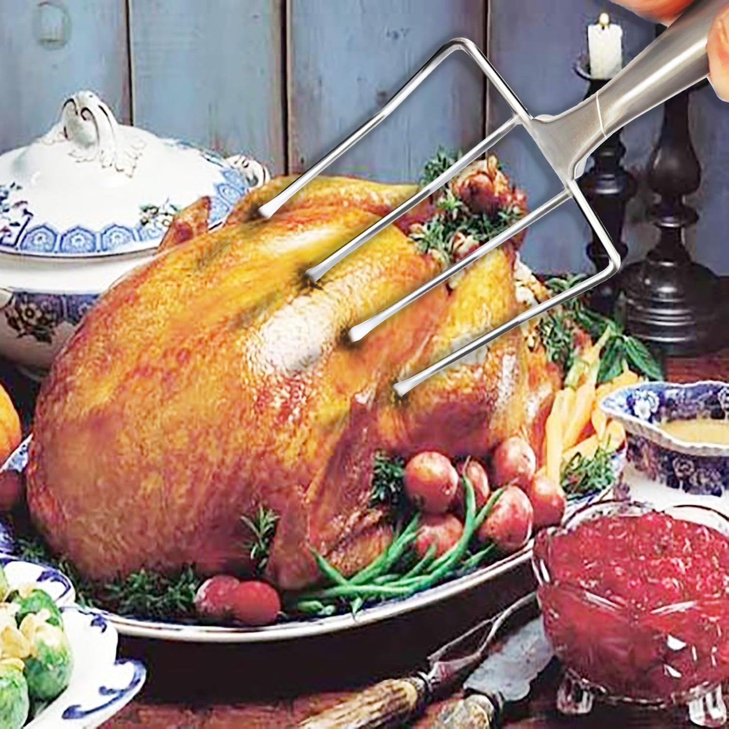 Stainless Steel Poultry Lifters Set of 2.Meat Forks, Roaster Poultry Fork, Carving Forks, Transfer Chicken or Ham Easily.