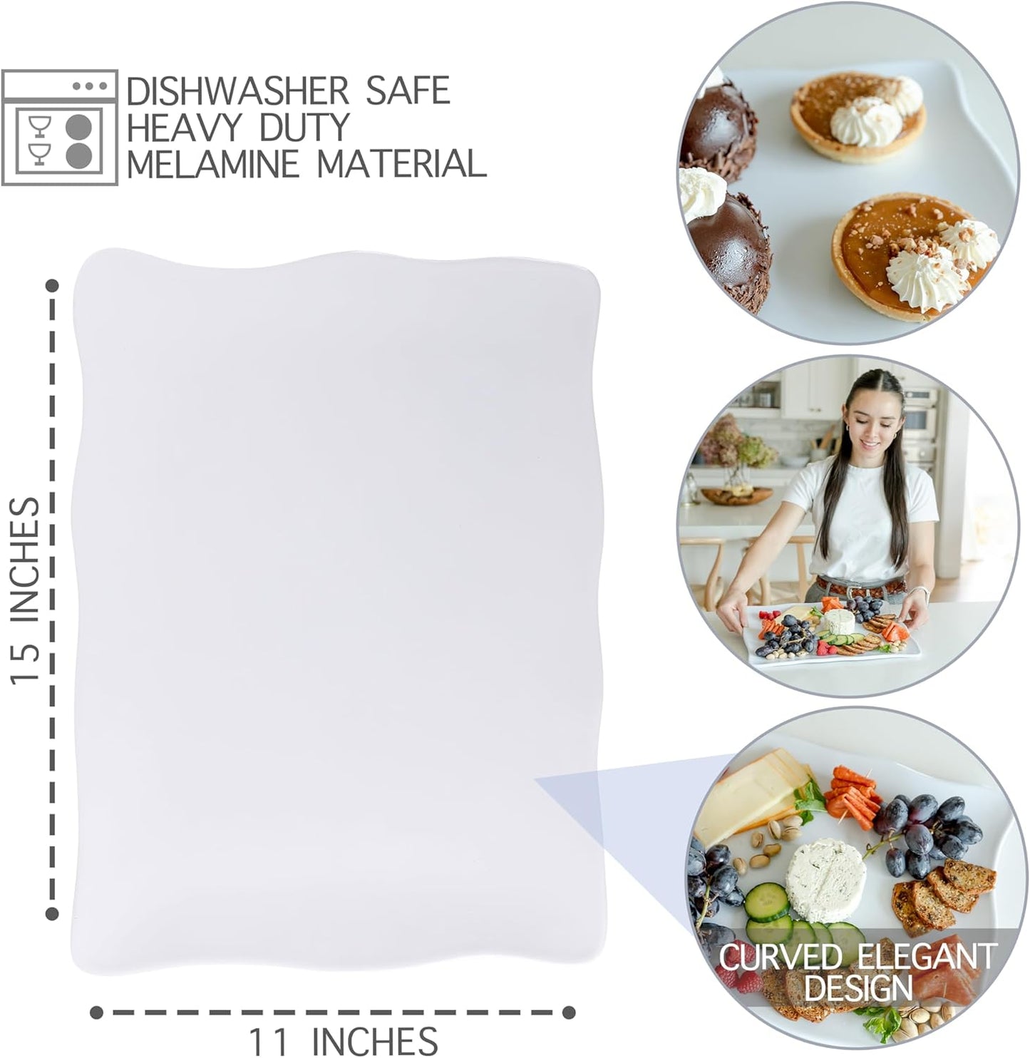 Large Melamine Tray 15" x 11" - Rectangular White Serving Tray and Platter for Food, Appetizers, Cookies, Grill or Party Snacks - Dishwasher Safe - Set of 2