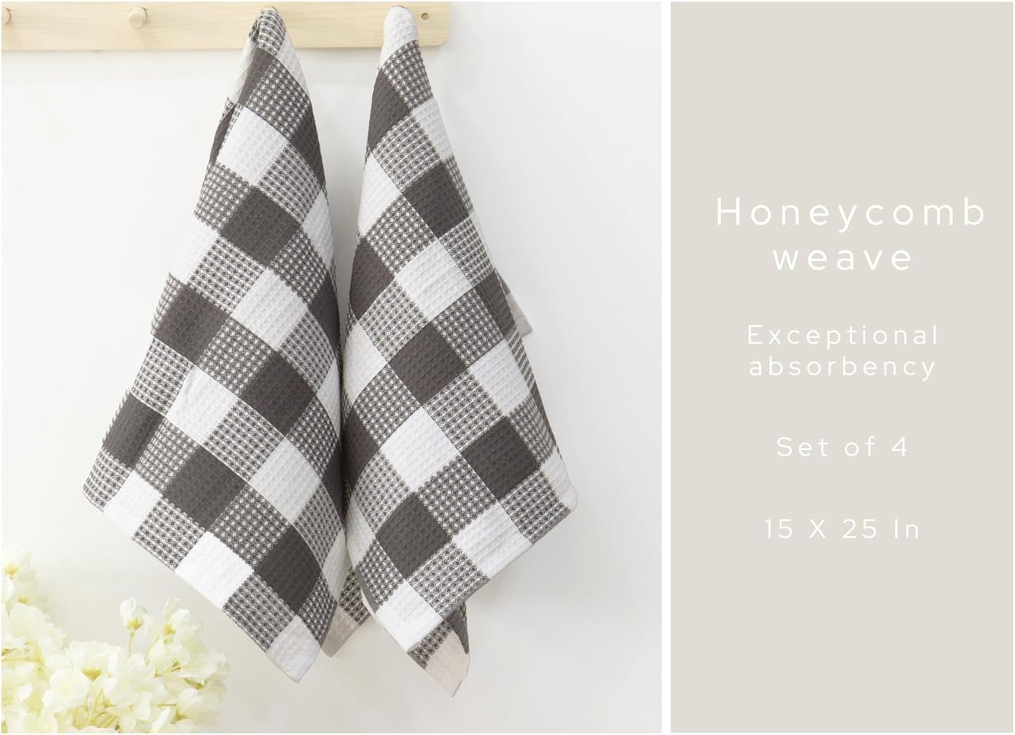 PurpleEssences 100% Cotton Waffle Weave Check Plaid Kitchen Towels, Super Soft and Absorbent Dish Towels for Drying Dishes 15 x 25-4 Pack - Fall Thanksgiving - Steel Grey and White