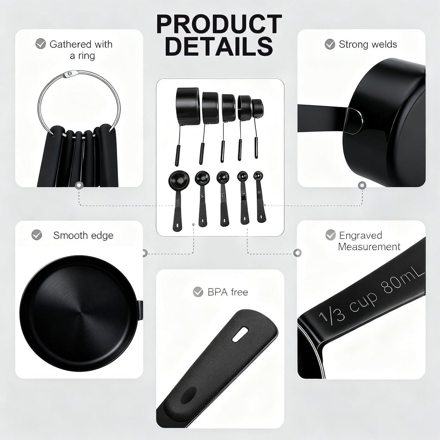 Measuring Cups and Spoons Set, Stainless Steel 10 Piece for Cooking and Baking (5 Cups + 5 Spoons, All Black)