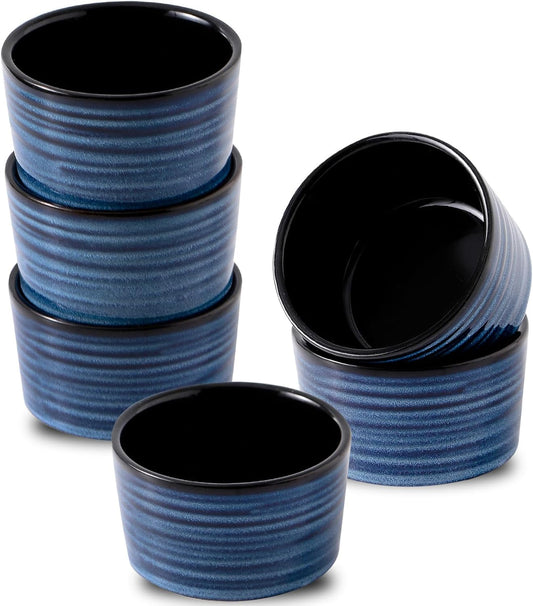 Ceramic Ramekins 6 oz, Oven Safe Souffle Dish Set of 6 for Baking, Porcelain Dipping Sauce Bowls for Creme Brulee,Stackable Custard Cups for Pudding, Ice Cream, Lava Cakes, Blue