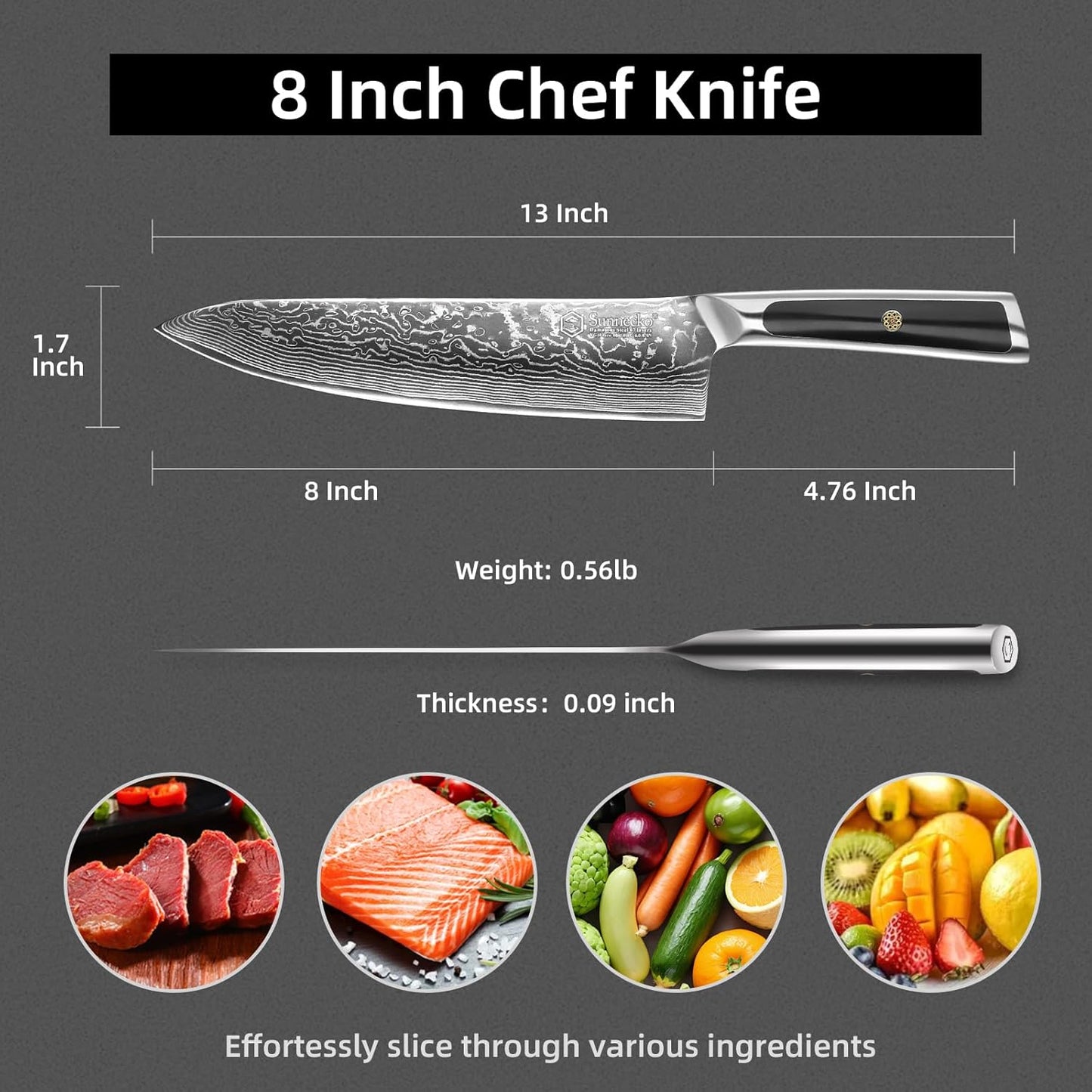 Sunnecko 8 Inch Chef Knife Professional, Sharp Kitchen Knife Damascus Chefs Knife Vg10 High Carbon Stainless Steel