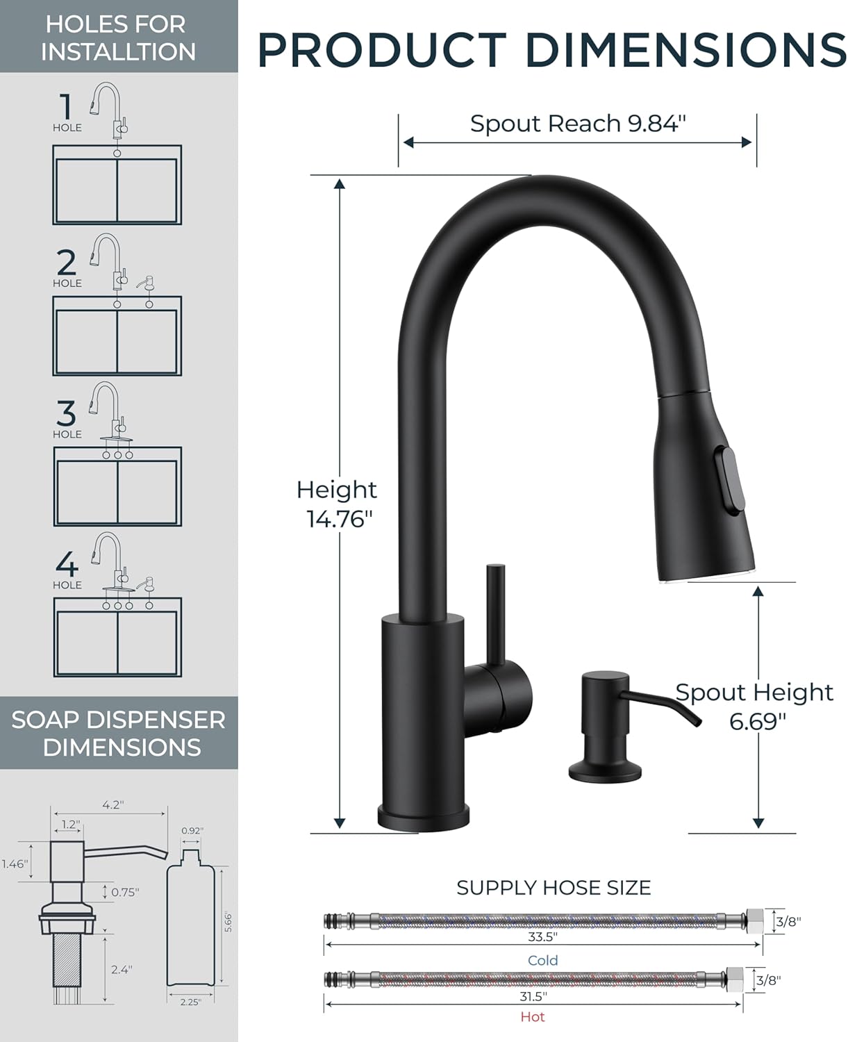 FORIOUS LED Kitchen Faucet with Soap Dispenser and Pull Down Sprayer, Matte Black High Arc Single Handle 3 Modes Stainless Steel Bar Faucet for Kitchen Sink RV Laundry Camper