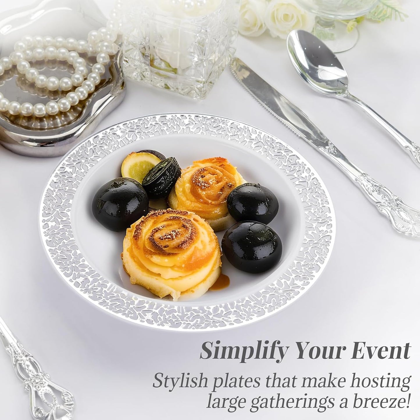 I00000 100 Silver Plastic Bowls, 12 oz Disposable Bowls, Disposable Lace Christmas Thanksgiving Trim, Premium Heavy Duty Plastic Bowl for Party