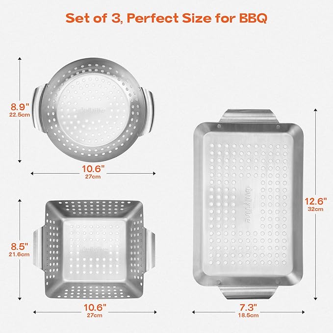 Onlyfire 3 Packs Grill Baskets, Heavy Duty Stainless Steel Perforated Vegetable Grill Baskets, 3 Piece Mini Grilling Basket Set, Grill Pan for Outdoor Grill