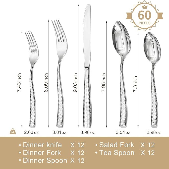 Kingstone Hammered Silverware Set, 60-Piece Flatware Set for 12, 18/10 Stainless Steel Heavy Duty Cutlery Set, Mirror Polished Utensil Sets for Home, Restaurant, wedding, Dishwasher Safe