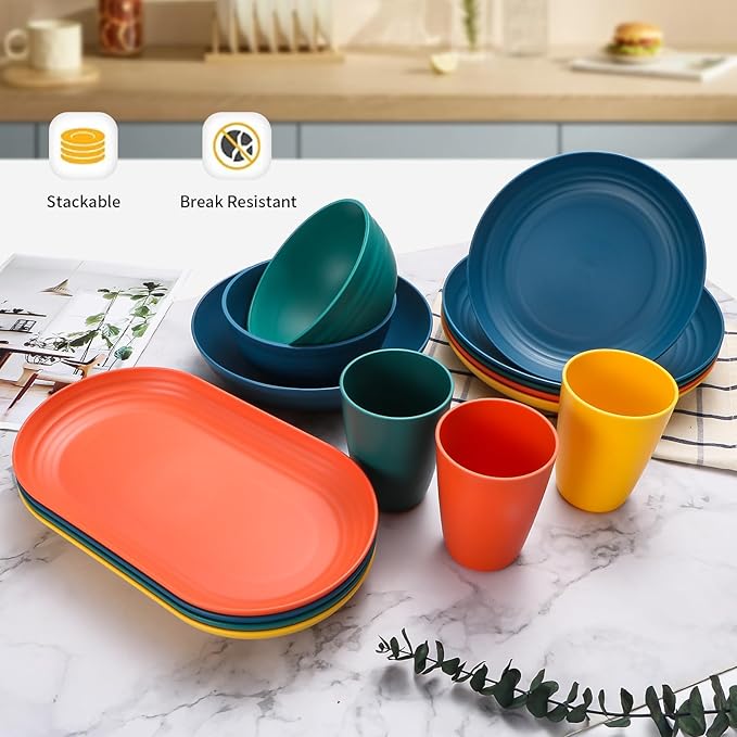 Lazycorner 32Pcs Kitchen Wheat Straw Dinnerware Set, Service for 8, Plastic Reuasble Dinner Dishes Serving Plate Set for Kitchen, Including Dinner Plate, Dessert Plate, Bowl, Cup(Multicolor)