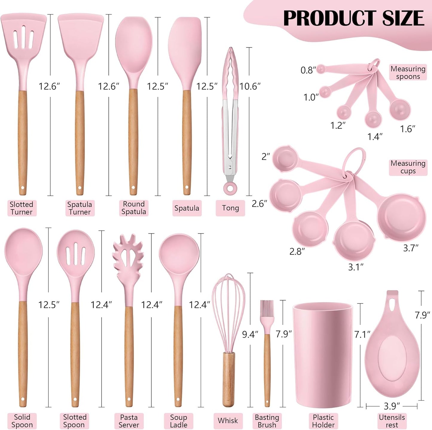 HaWare Kitchen Cooking Utensils Set, 23-Piece Silicone Kitchen Utensils Spatula Set with Holder, Heat Resistant Wooden Handle Kitchen Gadget for Nonstick Cookware, Food-grade Turner Spoon Sets (Pink)