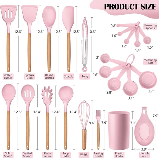 HaWare Kitchen Cooking Utensils Set, 23-Piece Silicone Kitchen Utensils Spatula Set with Holder, Heat Resistant Wooden Handle Kitchen Gadget for Nonstick Cookware, Food-grade Turner Spoon Sets (Pink)
