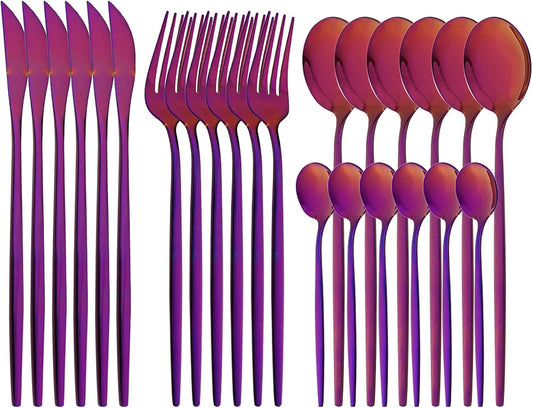 24-Piece Mirror Purple Polished Flatware, 18/0 Stainless Steel Dinnerware Set Include Knife Fork Spoon Teaspoon Cutlery Set For Home Restaurant and Party Service For 6, Dishwasher Safe