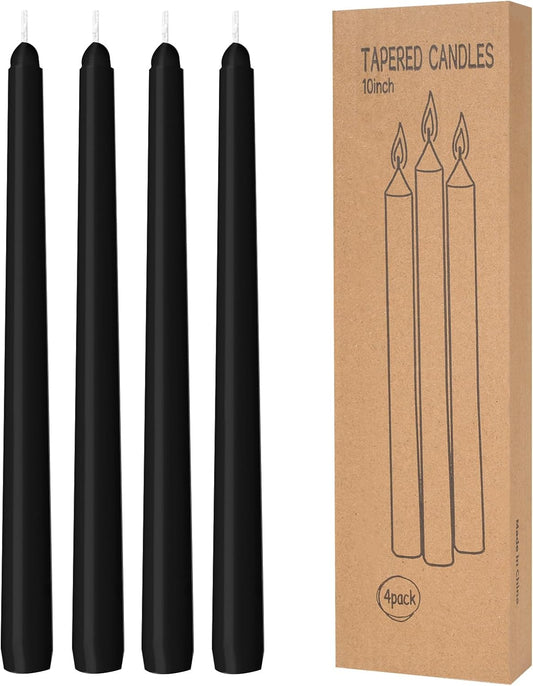 4 Pack Black Taper Candles - Taper Candles 10 Inch Dripless, Smokeless & Unscented - 8 Hours Long Burning - Hand Poured Tall Candlesticks - Ideal for Weddings, Dinner Parties, and Home Decor