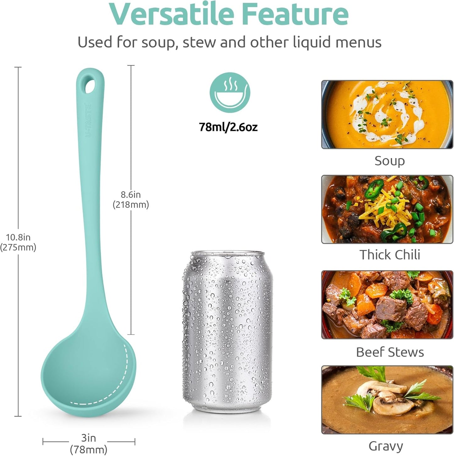 2.6oz Small Silicone Soup Ladle: U-Taste 600ºF Heat Resistant Non-Stick Kitchen Deep Serving Spoon, Soft Cooking Utensil with Non-Slip Solid Handle for Mixing Sauce Stew Gravy (11in, Aqua Sky)