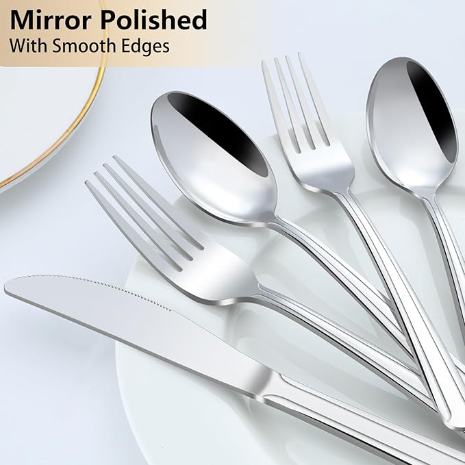 Pleafind 60-Pcs Silverware Set Service for 12, Premium Stainless Steel Flatware Set, Include Forks Spoons and Knives Set, Mirror Polished Cutlery Utensil Set for Home Restaurant, Dishwasher Safe