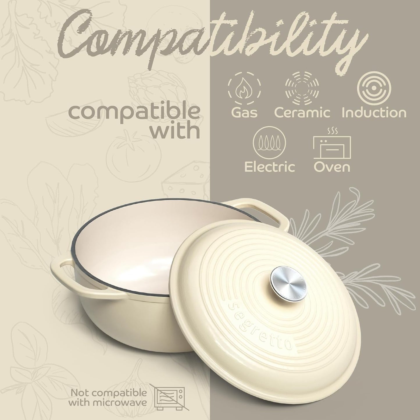 Segretto Cookware Enameled Cast Iron Dutch Oven, 6 Quarts, White