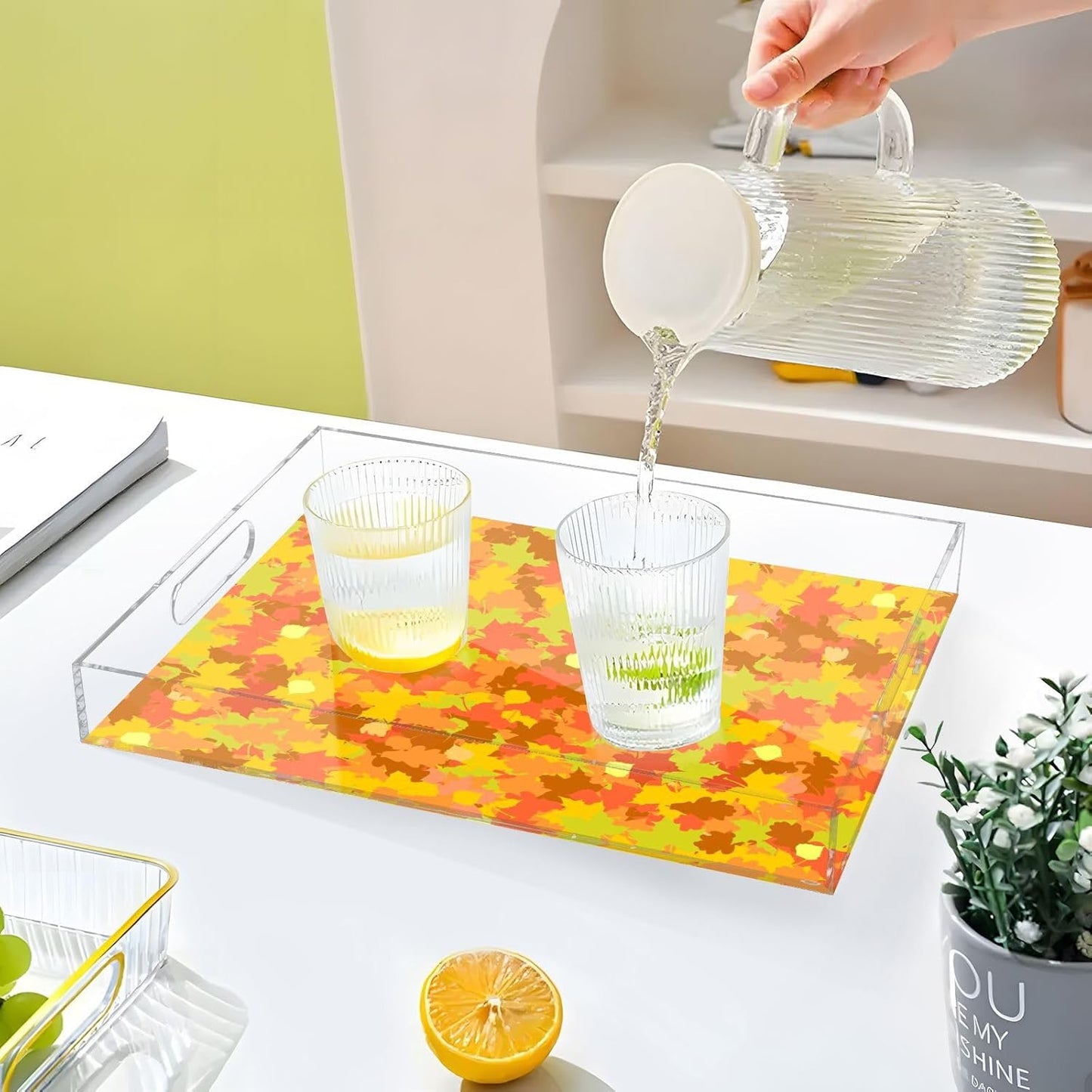 Acrylic Serving Tray with Handles Spill Proof Kitchen Storage Tray Clear Decorative Tray Makeup Drawer Organizer Storage Tray for Bathroom Living Room Ottoman 15.7x11.8Inches