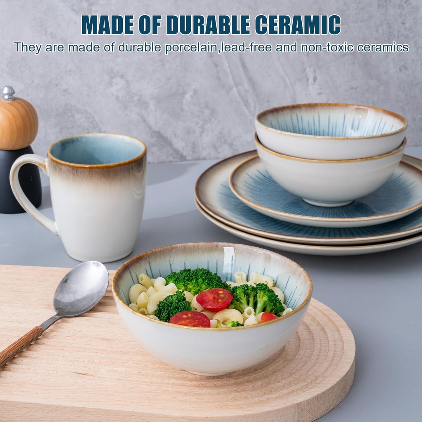 Dinnerware Set Stoneware 16 Pieces Service for 4, Stoneware Plates and Bowls Set Highly Chip and Crack Resistant Stoneware Set, Dishwasher Microwave Safe Dishes set