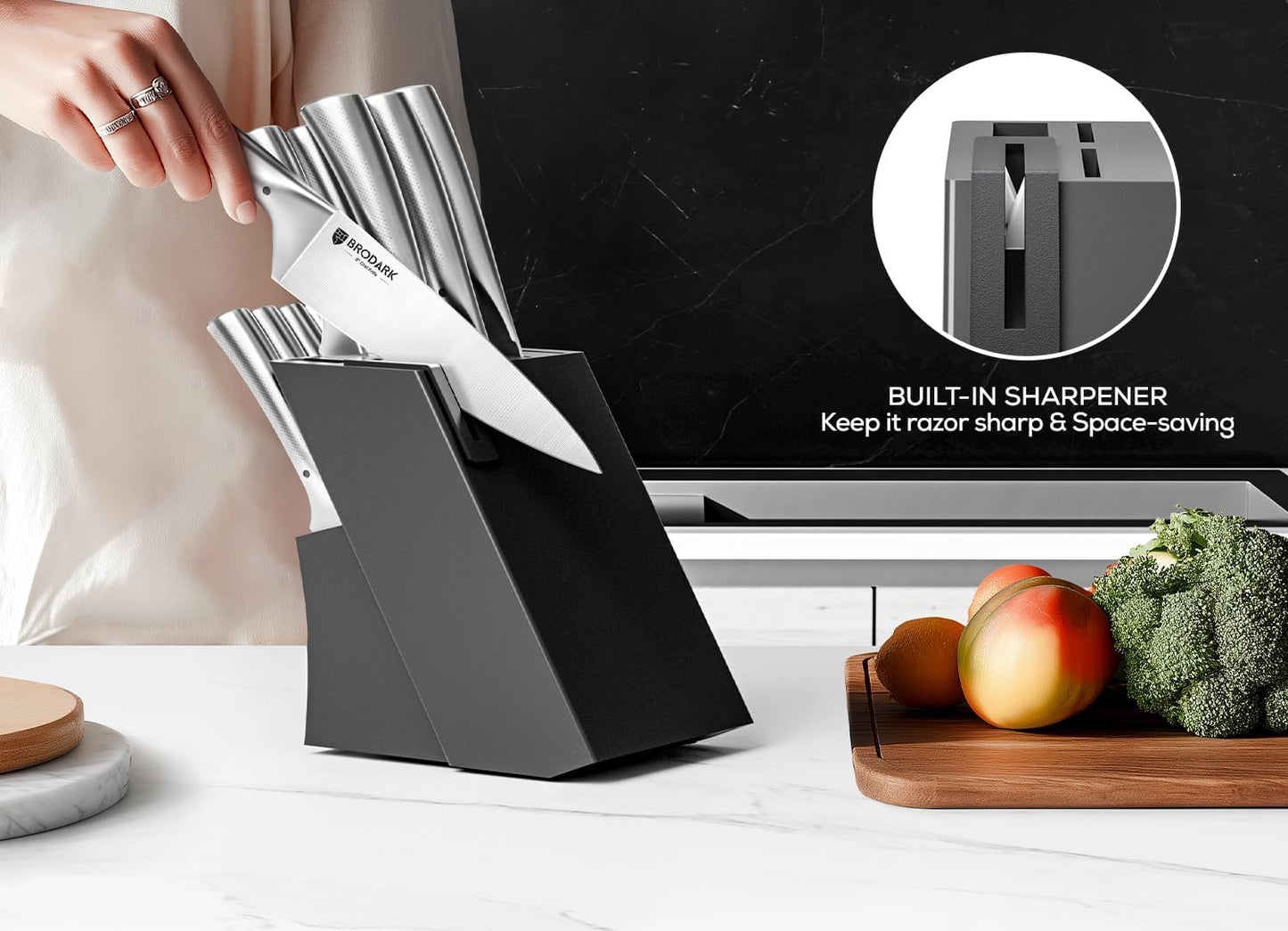 BRODARK Knife Block Set: Kitchen Knives Set with Block & Built-in Sharpener - 15 Pcs Ultra Sharp Chef knife – High Carbon Stainless Steel, Etched Handle – Ergonomic Non-Slip Grip, Silver Wolf Series