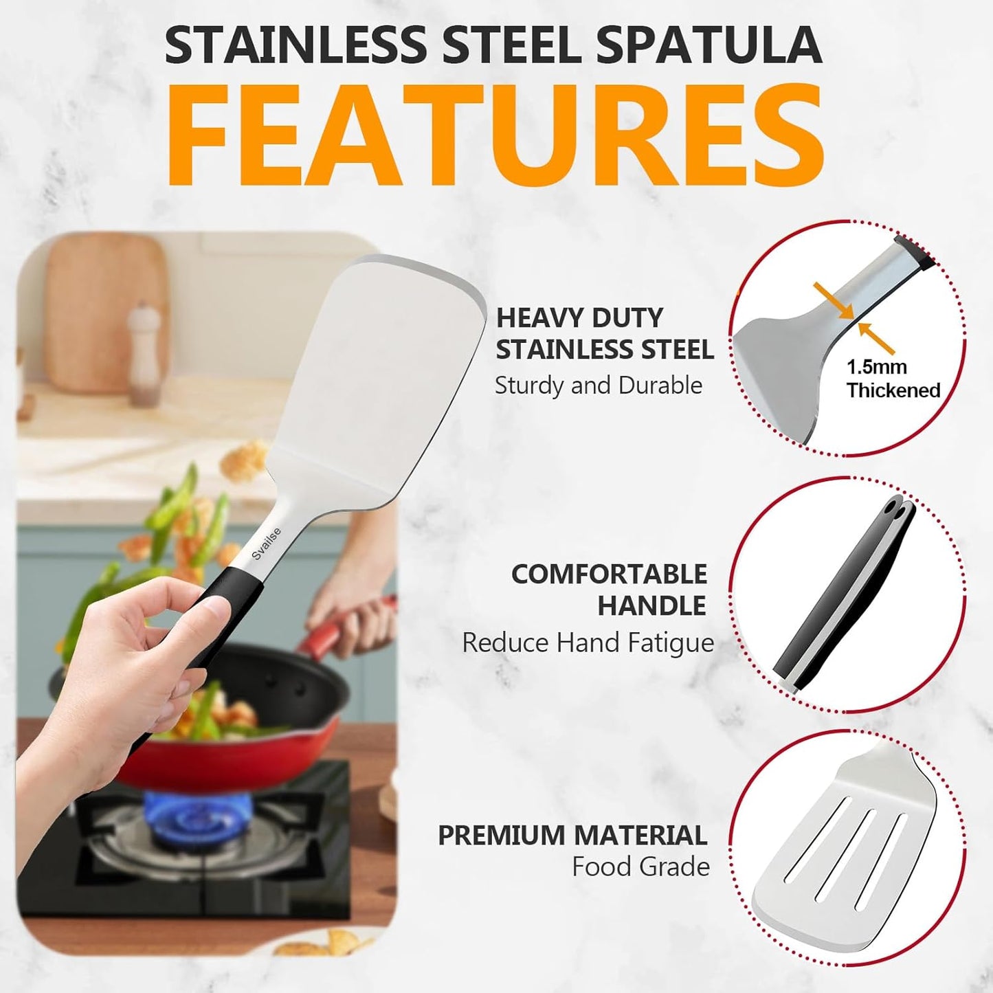 13.4 in Stainless Steel Spatula Set of 2, Heavy Duty Solid & Slotted Metal Spatula with Silicone Handle for Cast Iron Skillet, Egg, Burger and Grilling, Large