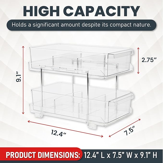 Masirs 2-Tier Clear Pull-Out Drawer Organizer - Sleek, Compact & Sturdy Makeup and Closet Organizer - Easy Assembly Kitchen Storage Solution, Ideal for Makeup, Tools, Medicines & Snacks - Pack of 2