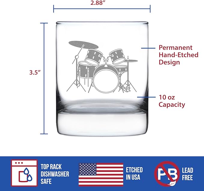 Bevvee Drums - Whiskey Rocks Glass - Drumming Gifts for Drummers - 10.25 oz Glasses