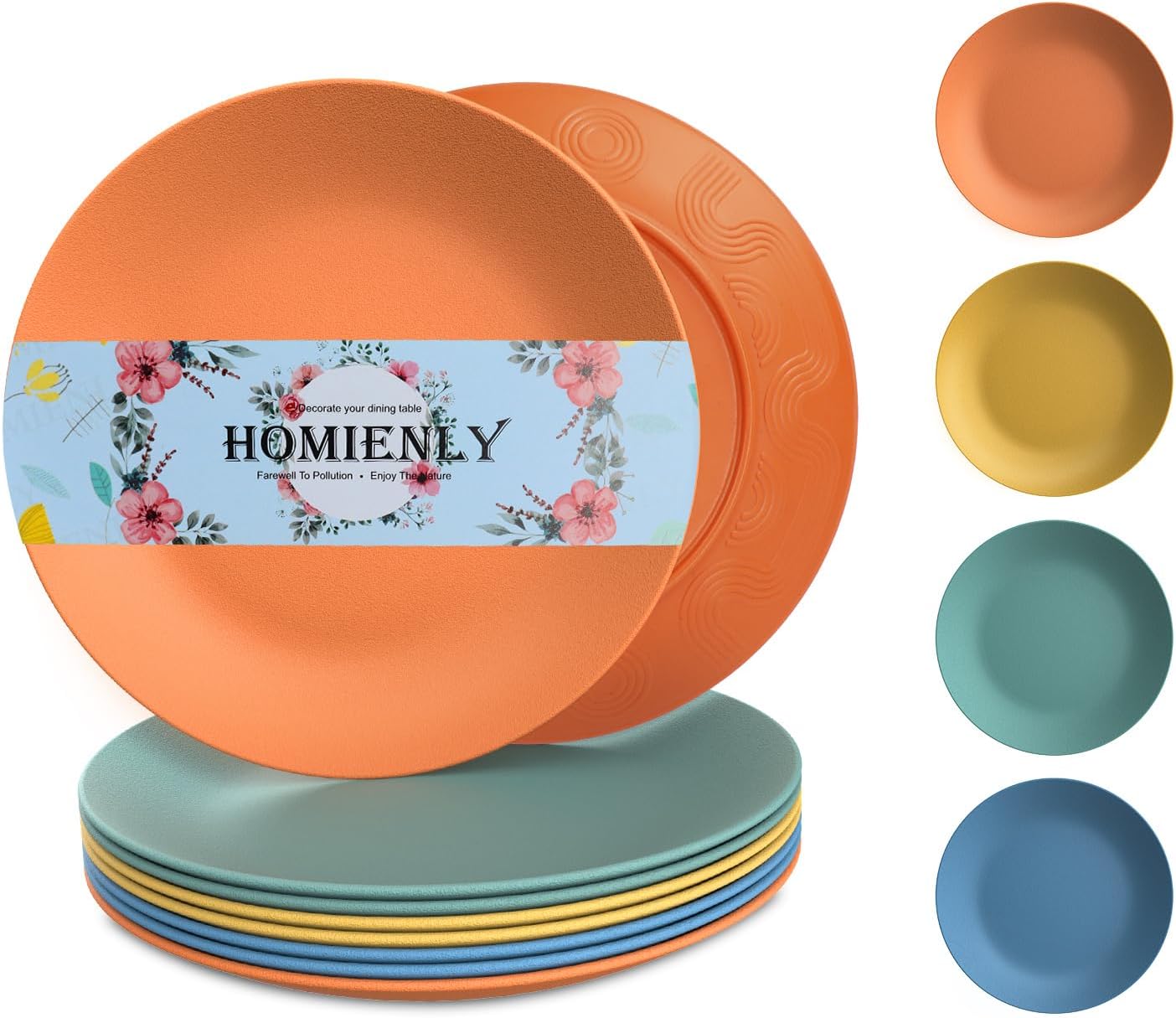 Homienly Flat Dinner Plates Set of 8 Alternative for Plastic Plates Microwave and Dishwasher Safe Wheat Straw Plates for Kitchen Unbreakable Kids Plates with Pattern (Multi, 9 inch), MS 01