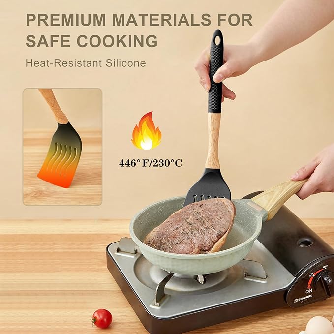 Kitchen Utensils Set - 7 PCS Non-Stick Silicone Cooking Utensils Set with Wooden Handle,Kitchen Gadgets Tools Set for Nonstick Cookware (Black-7Max)