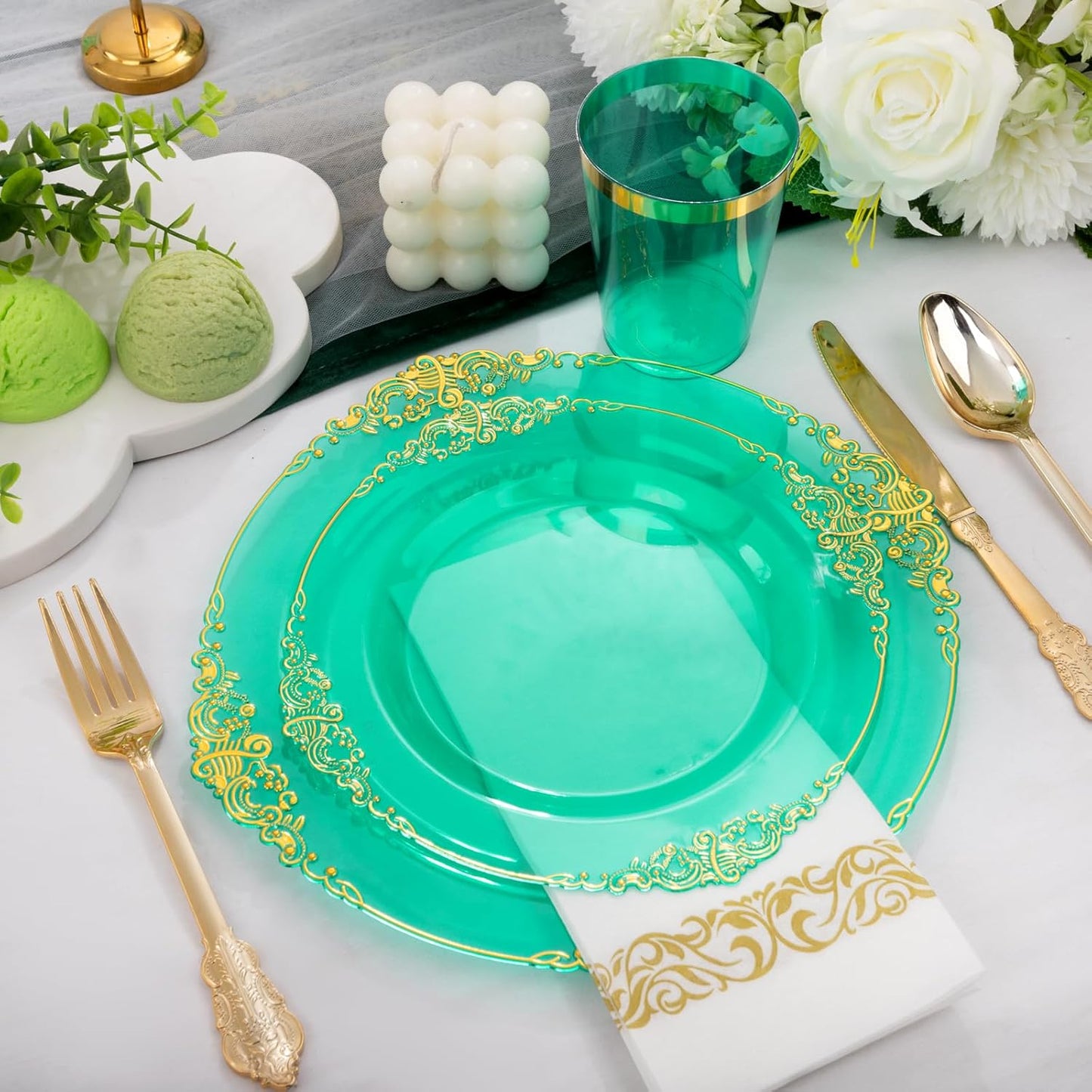 Hioasis 175pcs Clear Green Plastic Plates - Elegant Disposable Dinnerware Set Suitable for 25 Guests Include 10.25" Dinner & 7.5" Dessert Plates, Cutlery, Napkins, Cups for Party & Wedding