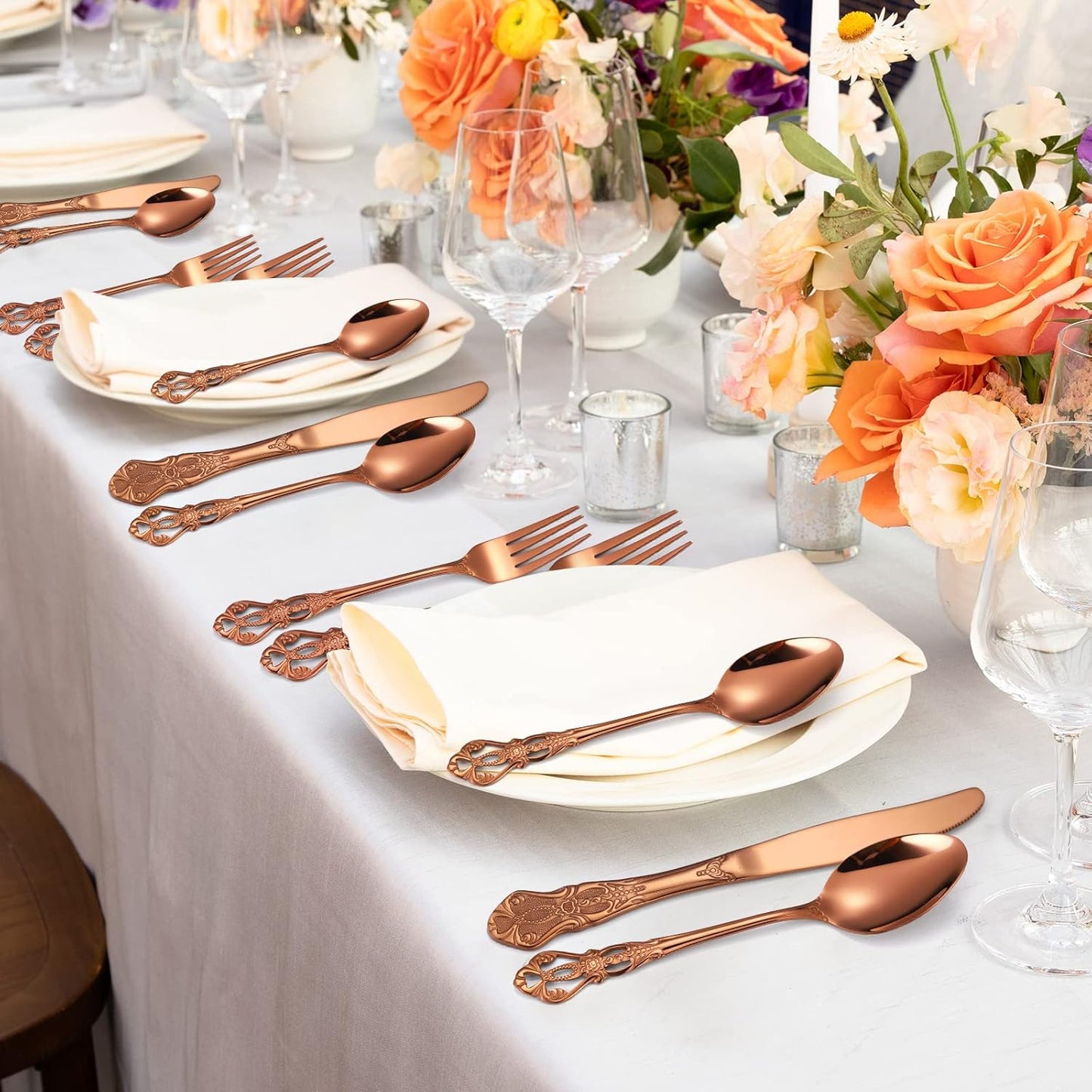 Royal Flatware Set for 4 Copper/Rose Gold Silverware Stainless Steel Cutlery 20 Piece With Vintage Relief Deisgn Kitchen Utensils Retro Forks Spoons Knives Parties Daily Use