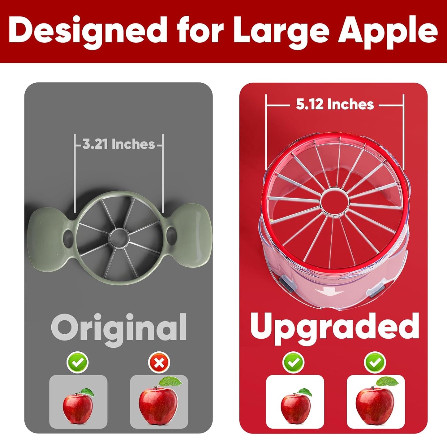OOKUU Extra-Large Apple Slicer & Corer – 16-Blade Heavy Duty Stainless Steel Apple Cutter, Safe & Quick Apple Divider for Apples, Pears & More, with Clear Catch Bowl