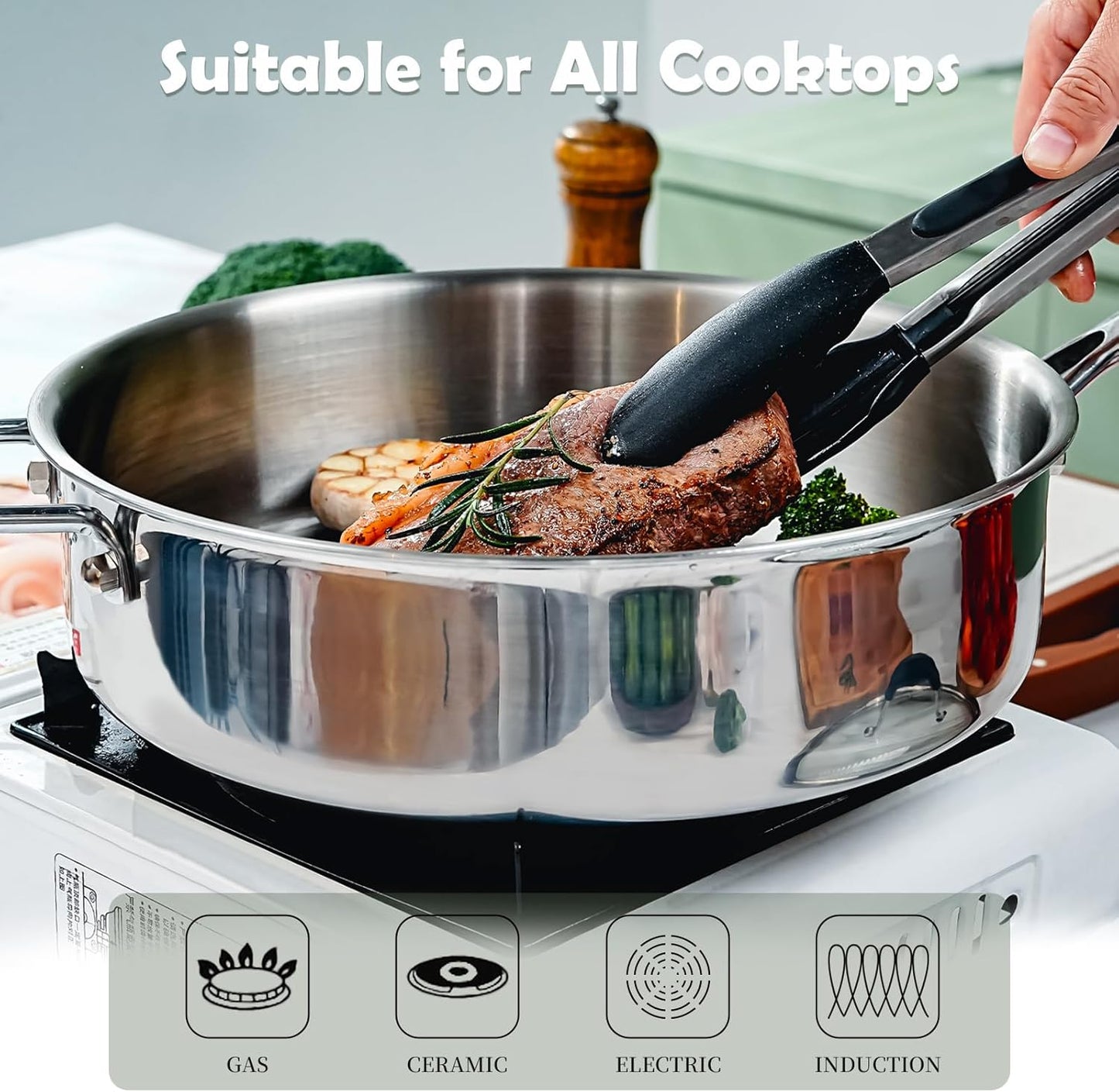 Tri-Ply Stainless Steel Saute Pan with Lid, 5 Quart Deep Sauté Pan with Stay Cool Handle,11.5 Inch Frying Pan,Dishwasher and Oven Safe,Induction Stainless Steel Cookware