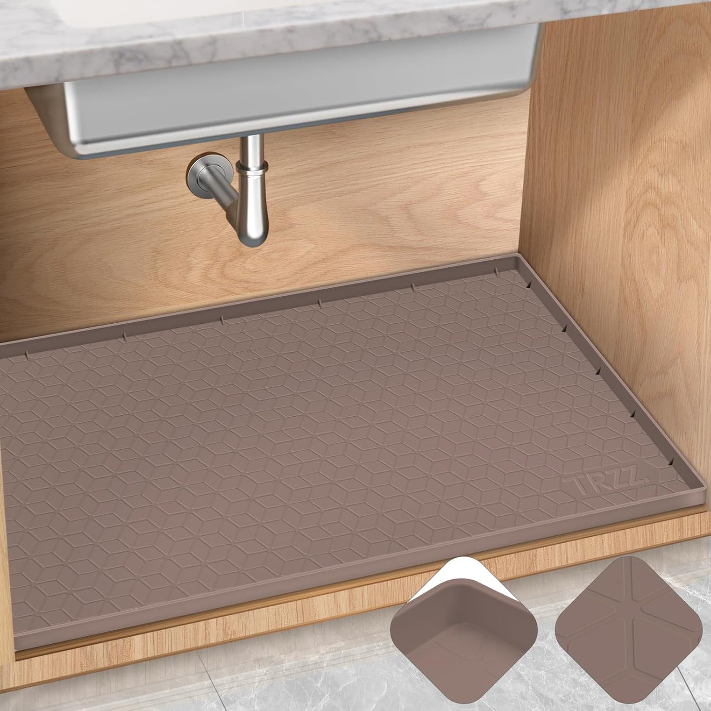 TRZZ Silicone Waterproof Under Sink Mat 31" x 22", Drip Tray and Cabinet Liner for Kitchen and Bathroom, Prevents Water Damage and Organizes Cabinets (Brown)