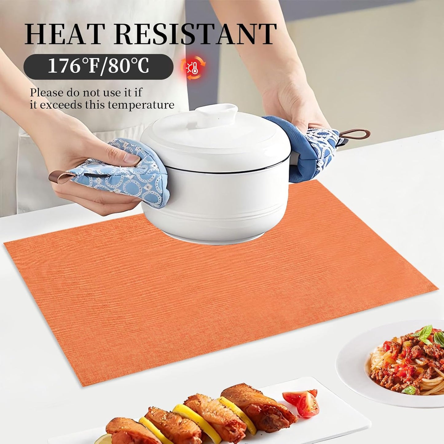 Placemats Set of 6 Linen Type Fabric Cloth Placemats, 19 x 13 Inch Double Layered Thick Wrinkle Free Heat Resistant Table Place, for Dining, Kitchen, Party (Orange, 48 * 33cm)