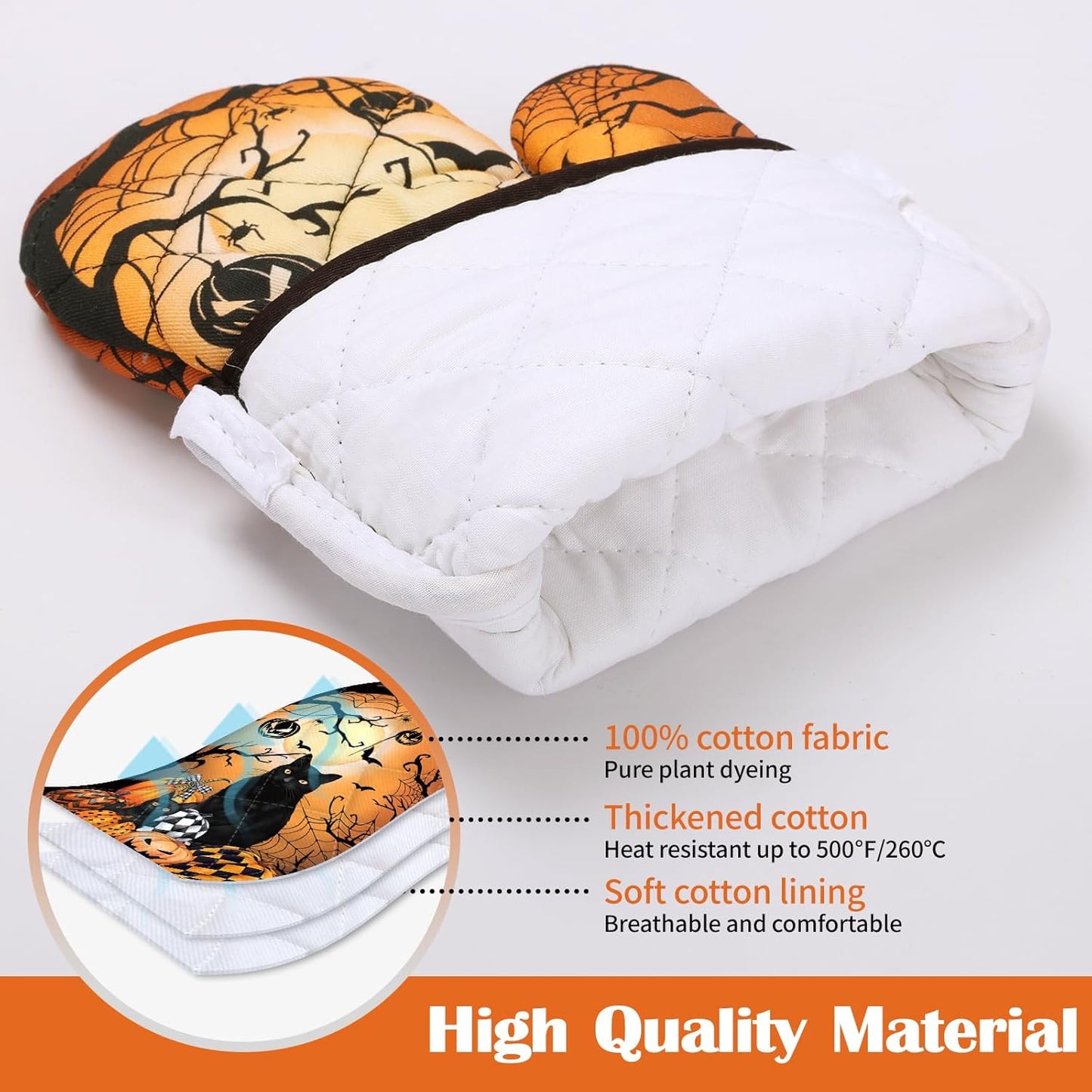 Halloween Cat Oven Mitts and Pot Holders Sets 2Pcs, 100% Cotton Heat Resistant, Extra Long Oven Gloves Potholder for Kitchen Cooking Baking Decoration