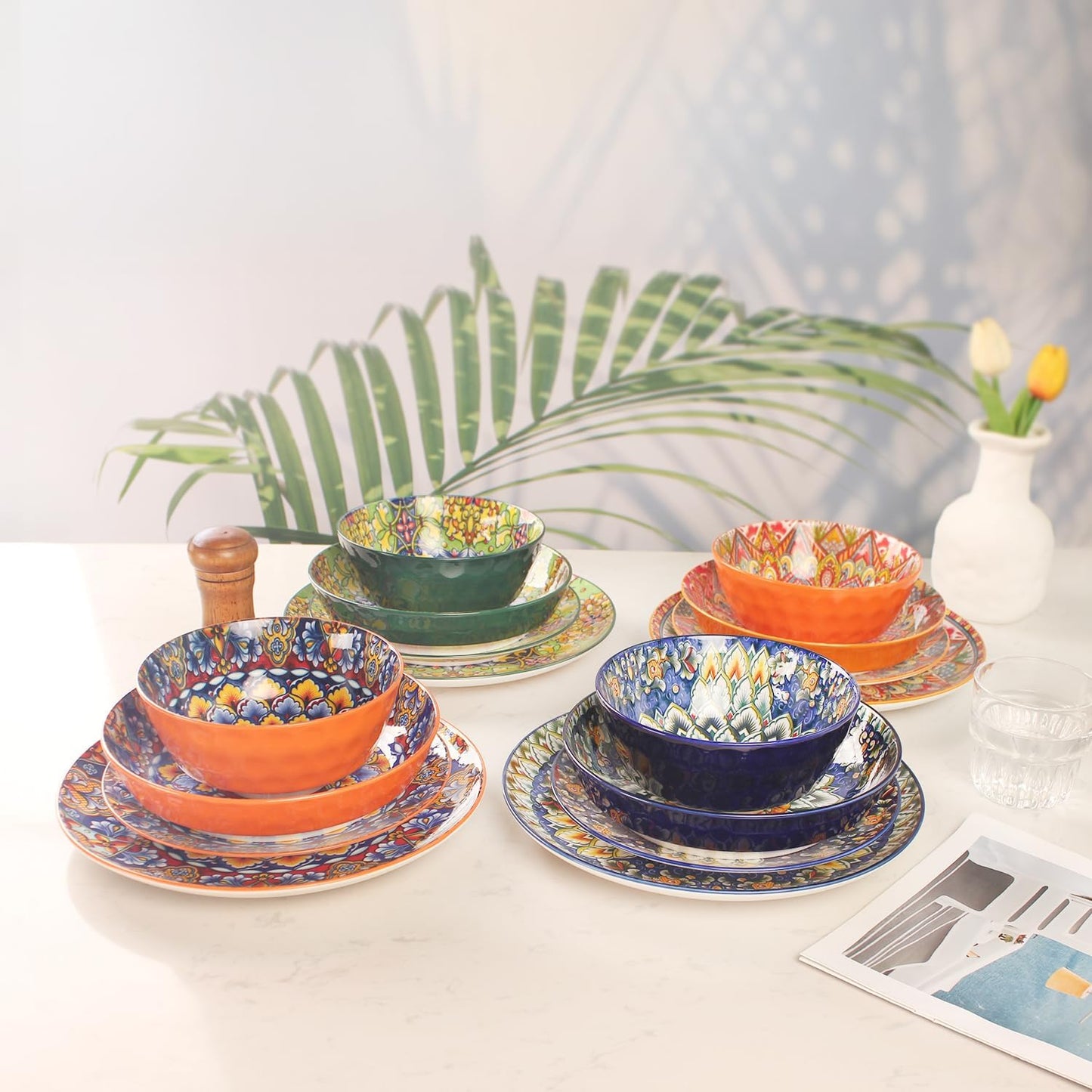 Mandala Dinnerware Sets, Plates and Bowls Set, Porcelain Dishes Service for 4, Zanzibar, Bohemian Style Dining Ware, for Kitchen and Dining Multicolor Dinnerware Set, Colorful No.2