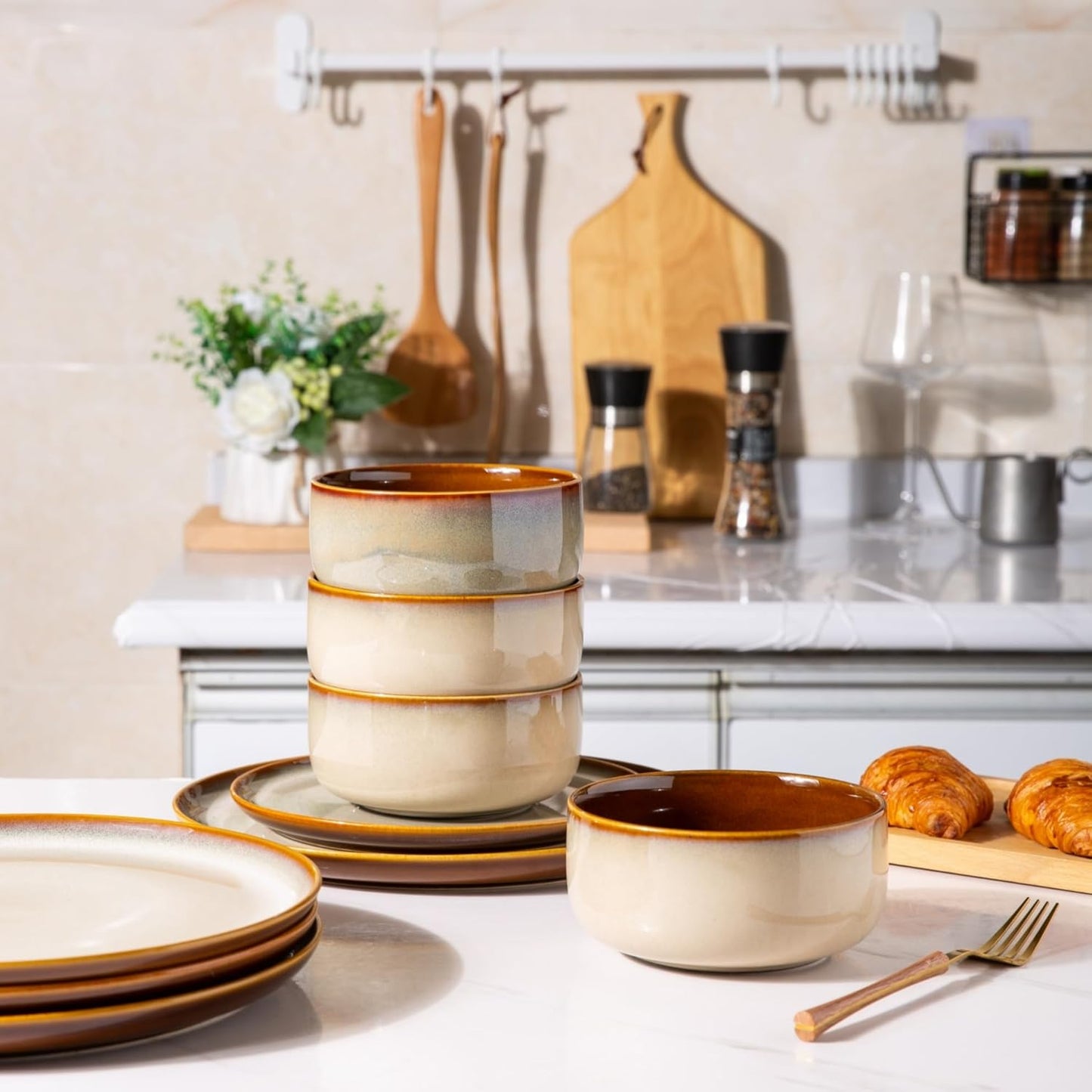 LeRatio Ceramic Dinnerware Sets for 6,Poreclain Plates and Bowls Sets,Handmade Reactive Glaze Dishes Set,Chip Resistant and Scratch Resistant | Oven&Dishwasher & Microwave Safe)-Kahki(18PCS)