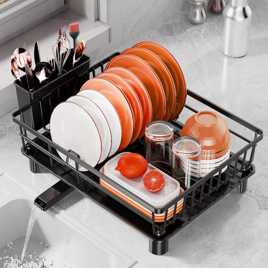 Dish Drying Rack with Cutlery Holder, Black, Kitchen Counter Organizer, Drainboard for Plates, Bowls, Utensils Rustproof Drying Rack Kitchen with Utensil Holder and Increased Feet, Black