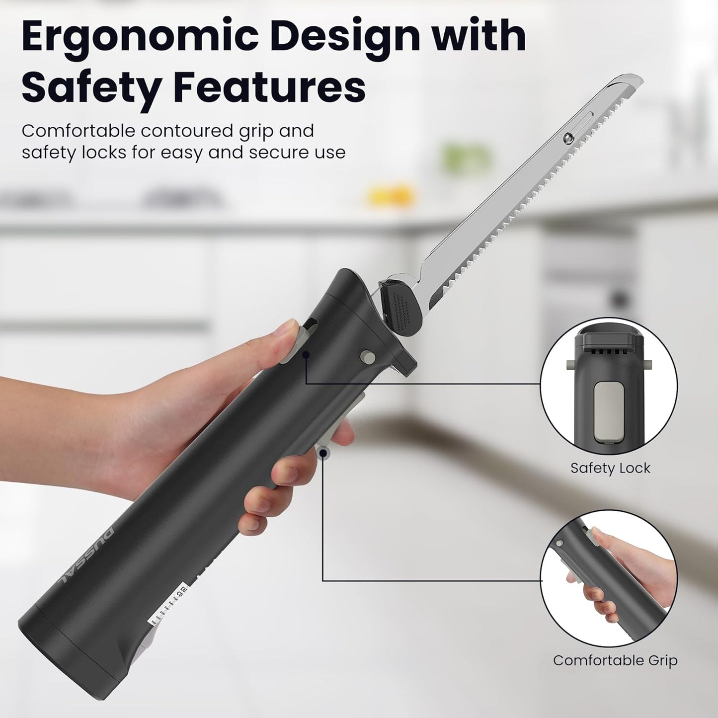 DUSSAL Cordless Electric Knife, Electric Bread Knife with 4 Stainless Steel Blades, Safety Lock Switch, Blade Release Buttons, On/Off button, Cutting Meats, Fish, Poultry, Bread, Cheese & More (Black)