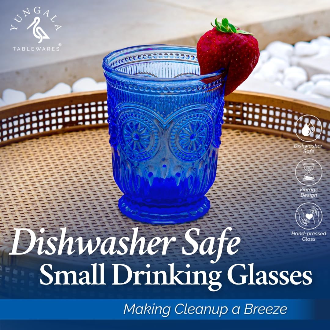 Cobalt Blue Glassware drinking glasses Set of 6, Handcrafted 8-Ounce Cups with Vintage Sunflower Pattern, Sturdy Lead-Free, Dishwasher Friendly blue drinking glasses with matching highball and goblets