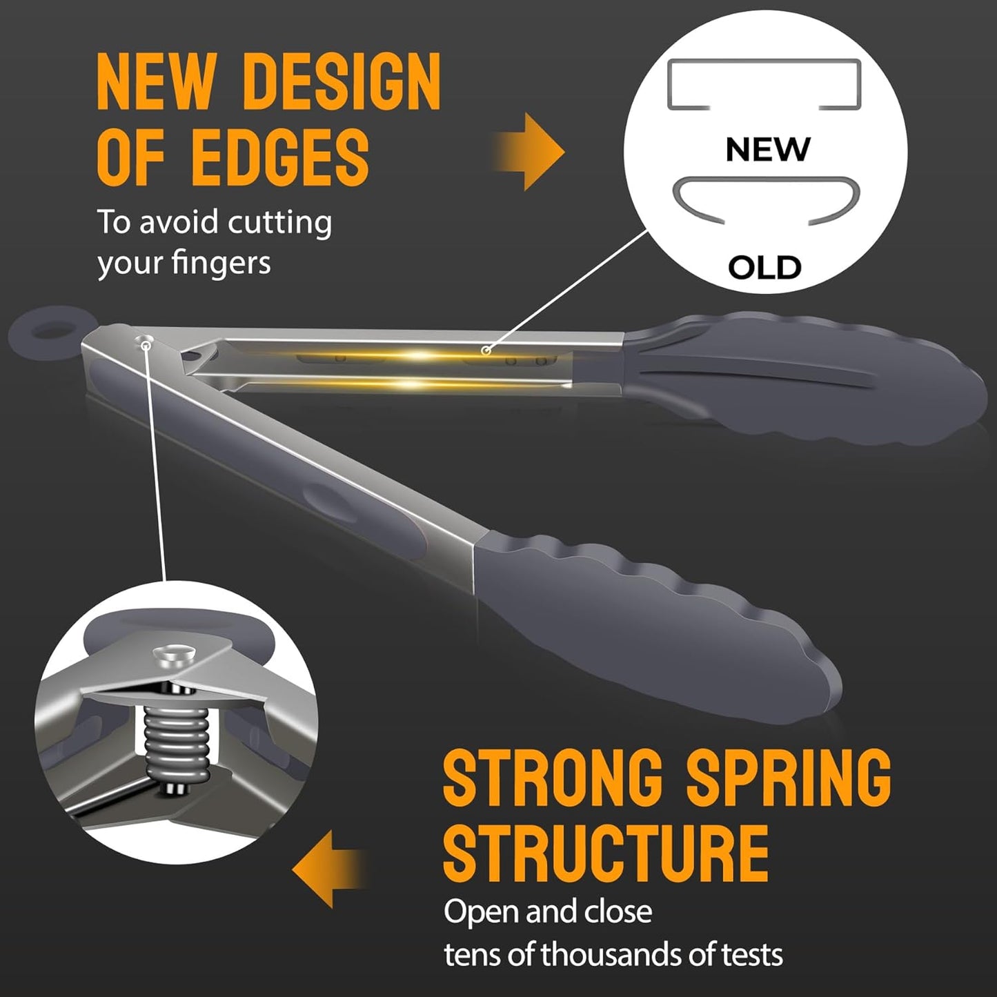 HOTEC Premium Stainless Steel Locking Kitchen Tongs with Silicon Tips, Set of 3-7", 9" and 12" (Black,Grey,Khaki)