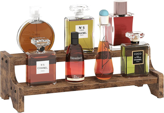 Wood Display Stand, 2 Tier Perfume Organizer Display Riser Cupcake Stand, Tiered Step Shelf Countertop Spice Storage Holder for Kitchen Pantry Cabinet, Rustic Brown