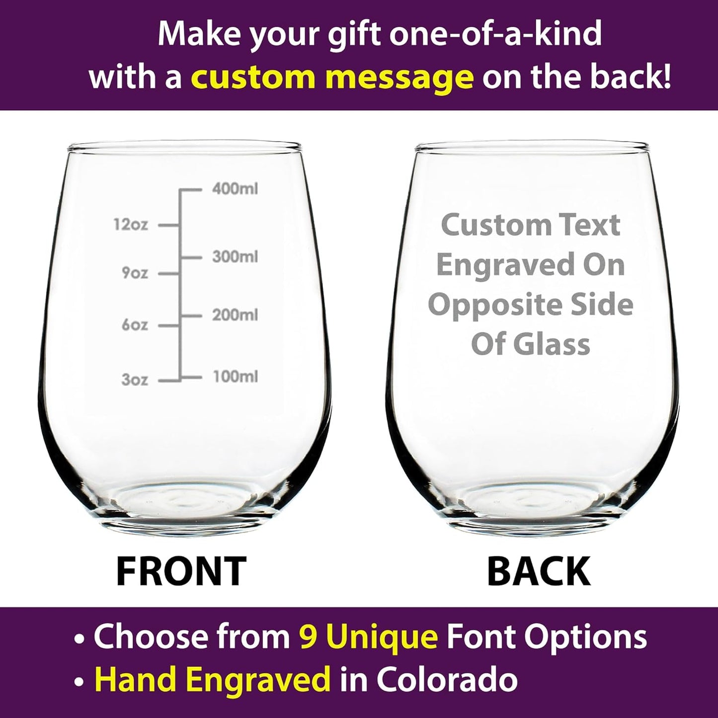 Custom Wine Measuring Cup - Personalized Stemless Wine Glass - Engraved Measurement Lines for Portion Control - Ounces and Metric - Large 17 Ounce - Customized Wine Glass Gift