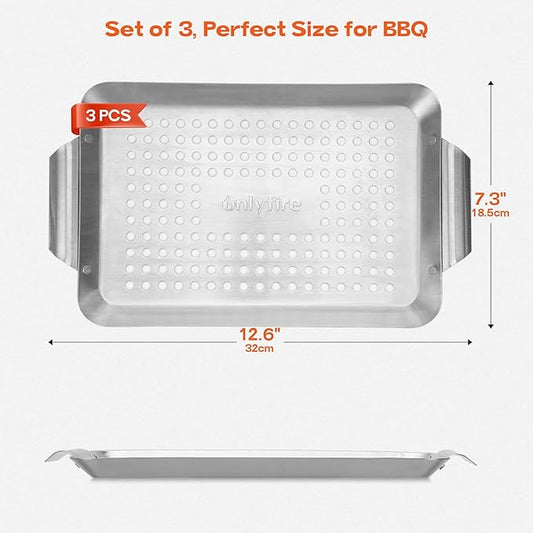 Onlyfire 3 Packs Rectangle Grill Baskets, Stainless Steel Vegetable Baskets, Mini Grilling Basket Set, Grill Pan for Outdoor Grill