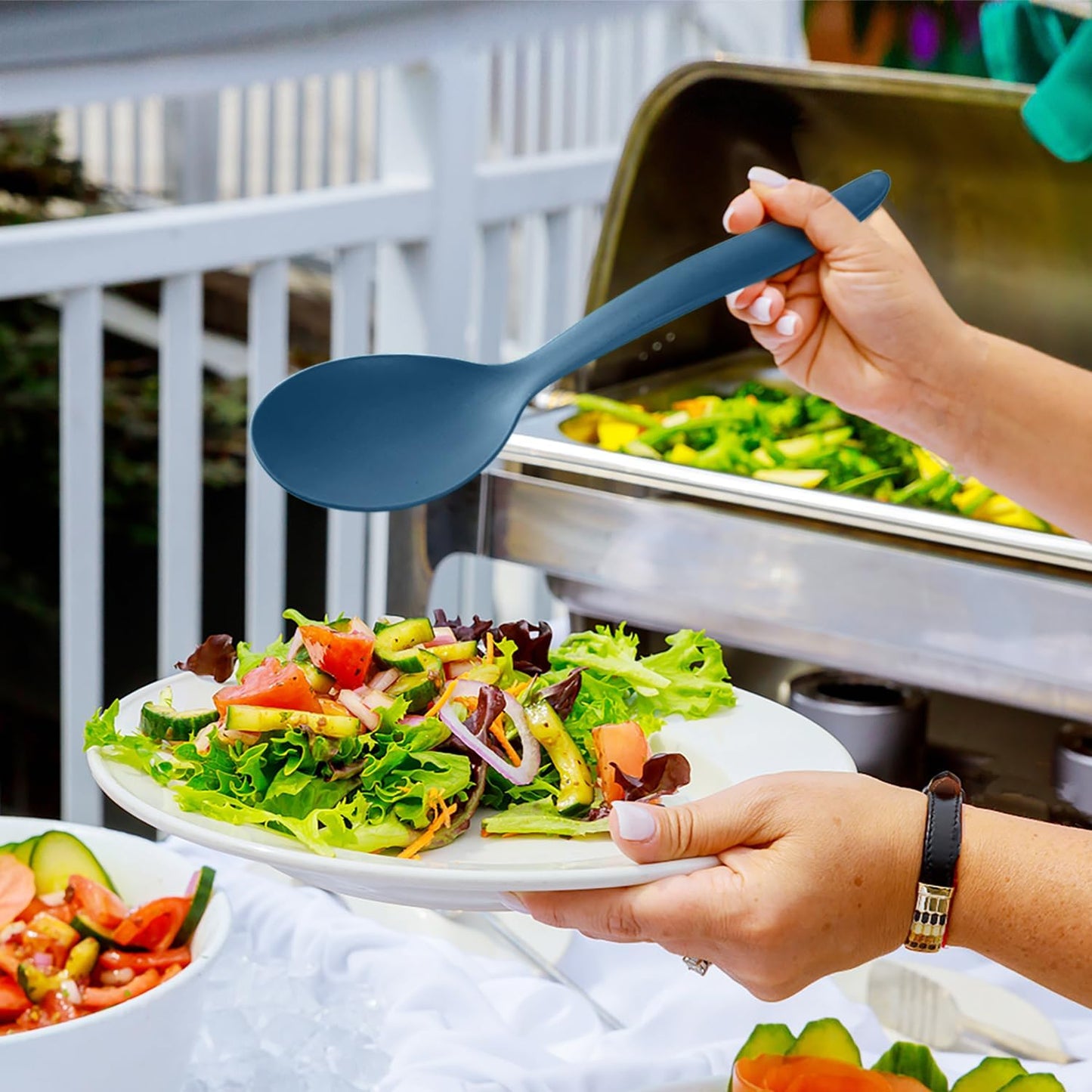 8 Pack 10" Large Reusable Plastic Wheat Straw Serving Spoon Set, 4 Serving Spoons & 4 Slotted Spoons, Kitchen Mixing Serving Spoon for Buffet Chafing Dish Catering (Ocean, Not for Cooking)