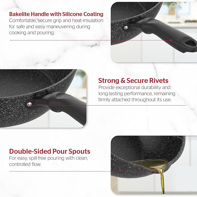 Sunhouse – 11 Inch / 28 cm Non-Stick Deep Frying Pan with Double Pour Spouts, 5-Layer Whitford Non-Stick Coating, PFOA-FREE, Stay-Cool Handle, Induction Compatible with All Cooktops