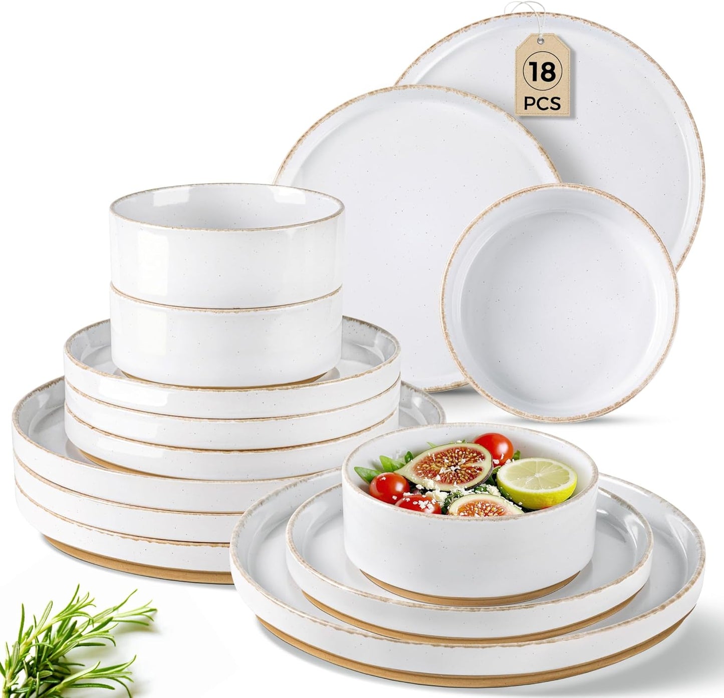 AmorArc Ceramic Dinnerware Sets for 6, 18 Pieces Handpainted Plates and Bowls Set with Rustic Terracotta Underside, Scratch Resistant Stoneware Dishes Set, Dishwasher & Microwave Safe