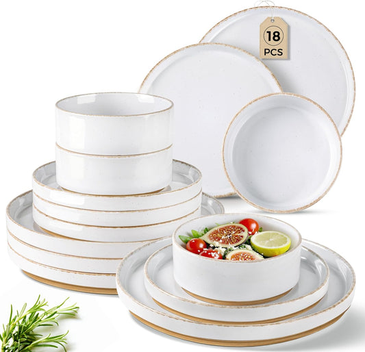 AmorArc Ceramic Dinnerware Sets for 6, 18 Pieces Handpainted Plates and Bowls Set with Rustic Terracotta Underside, Scratch Resistant Stoneware Dishes Set, Dishwasher & Microwave Safe