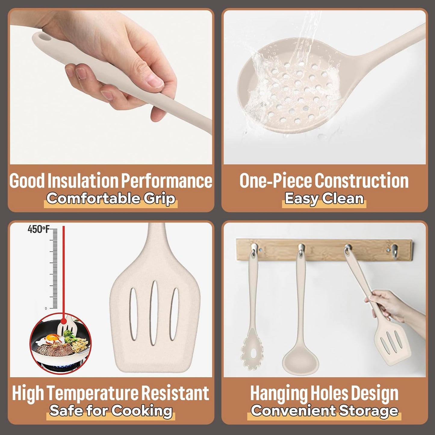 Silicone Kitchen Utensils Set, E-far 23 Pcs Khaki Cooking Utensils Tools with Holder for Nonstick Cookware, Include Spatula/Spoon/Ladle/Tongs/Turner, Heat Resistant & Nontoxic, Dishwasher Safe