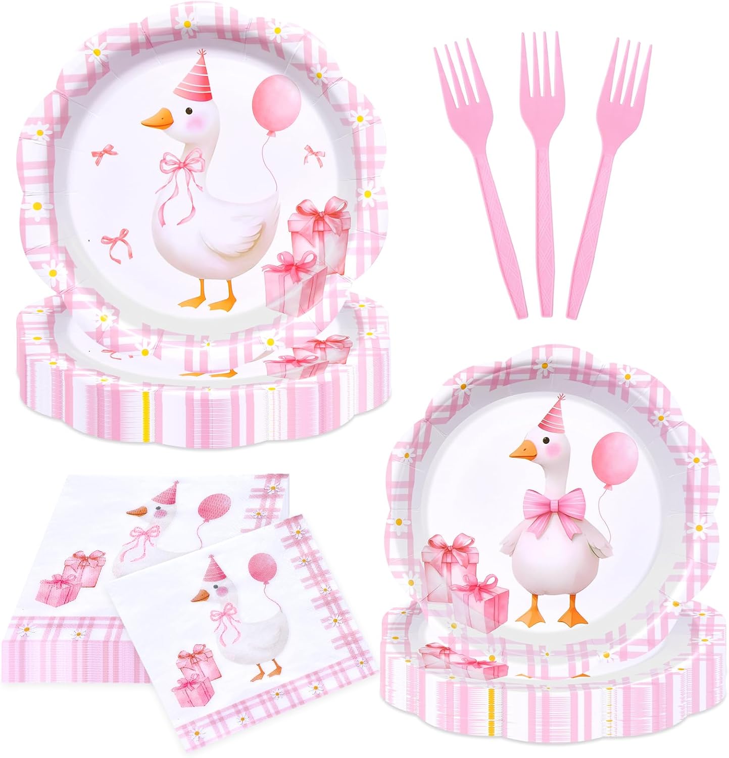 96 Pieces Pink Goose Birthday Tableware Set Party Supplies – Scalloped Animal-Themed Disposable Dinnerware with Paper Plates, Napkins, and Forks for Girls Parties and Baby Showers – Serves 24