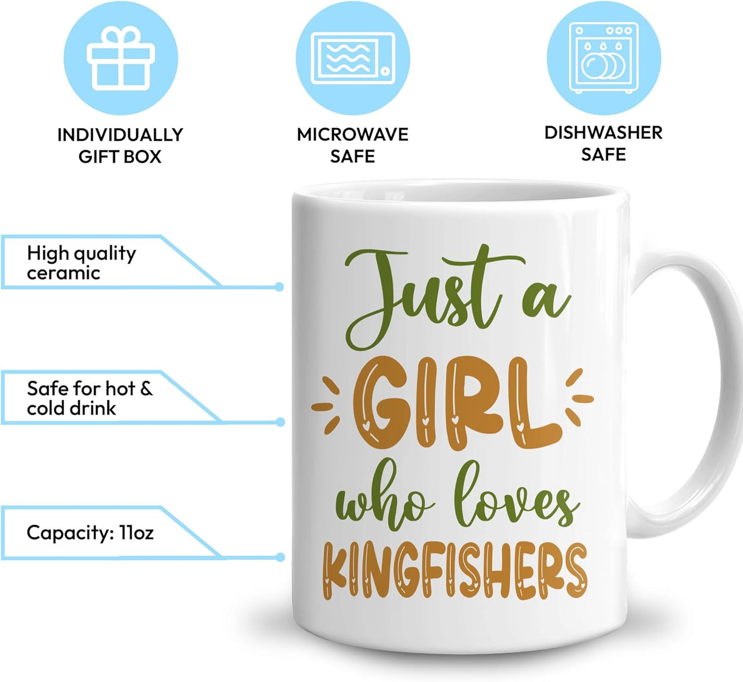 Hyturtle Personalized Gifts Kingfisher Lover - Just A Girl Who Loves Kingfishers Custom Name Ceramic Coffee Mug Cup 11oz - Idea Cute Animal Lover Gifts For Women, Girl Daughter On Birthday, Christmas