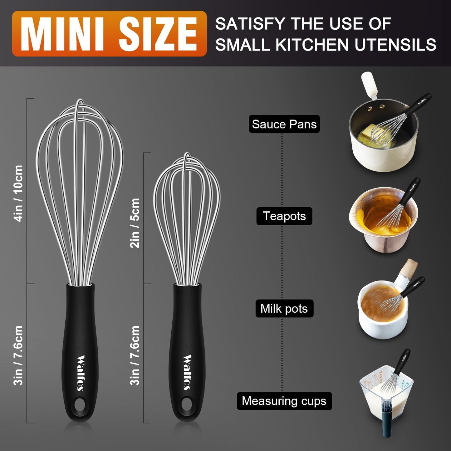 Walfos Mini Stainless Steel Whisk for Cooking - Heat Resistant Kitchen Whisks for Non-stick Cookware, Balloon Egg Beater Perfect for Blending, Whisking, Beating, Frothing & Stirring, 5+7in/12+17cm